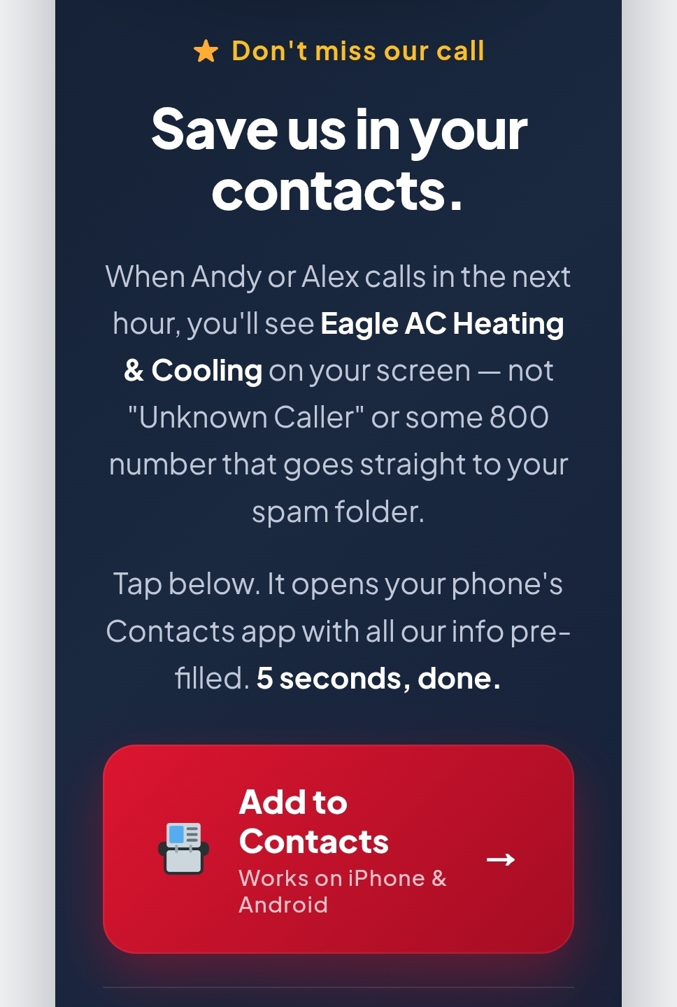 Eagle AC thank you page with Save Our Number feature