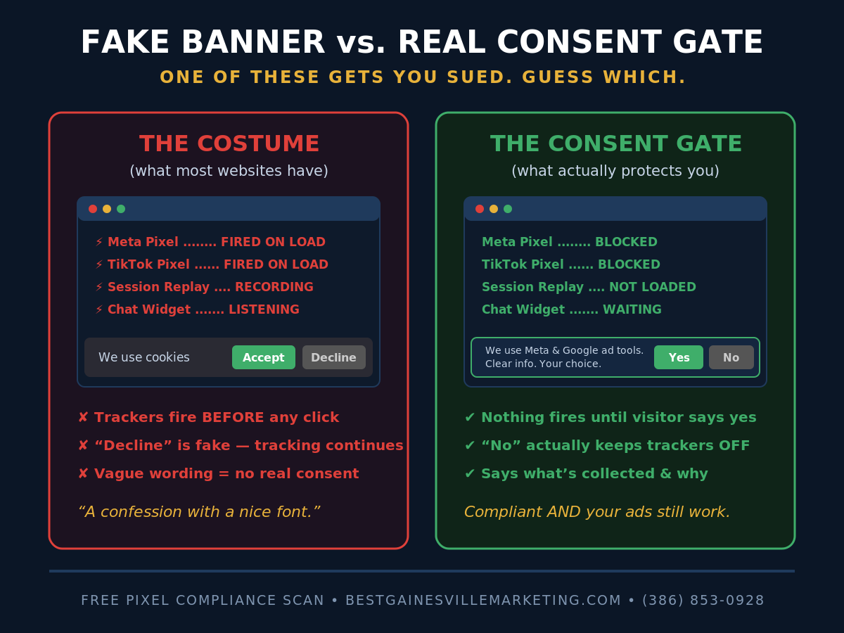 Fake cookie banner vs real consent gate comparison - which one gets you sued