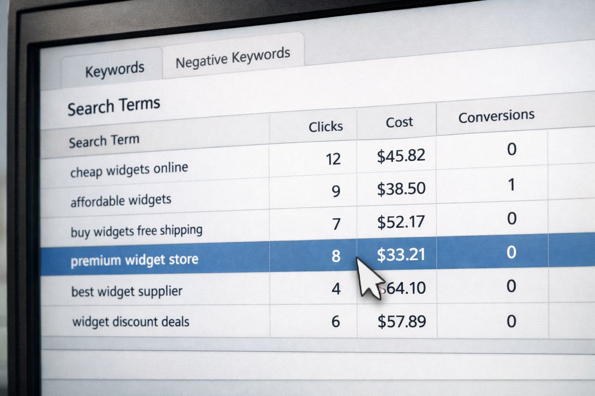 A close-up view of a Google Ads search terms table on a monitor, showing rows of actual search queries with columns for clicks, cost, and conversions, with a cursor selecting expensive low-converting terms