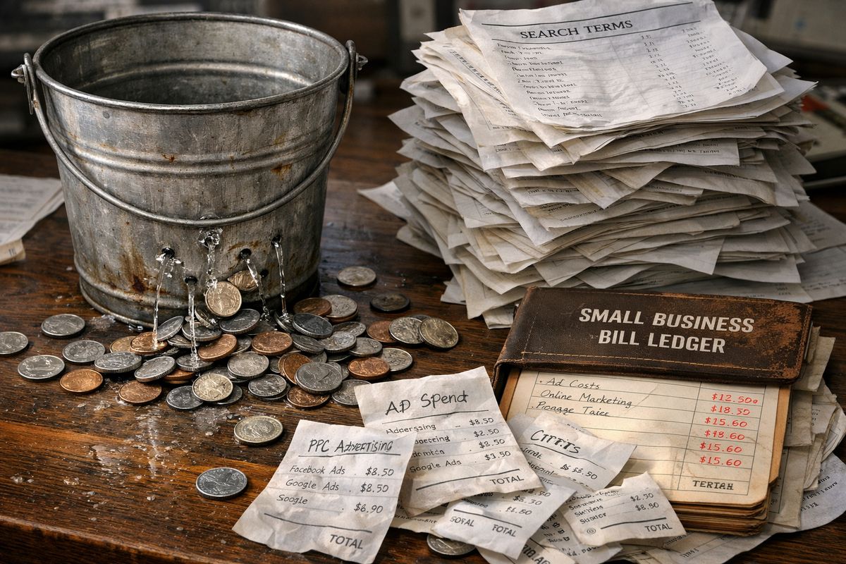A leaky metal bucket draining coins onto a desk next to a stack of crumpled search-term printouts, with a small business bill ledger and scattered ad spend receipts showing money slipping away in small amounts