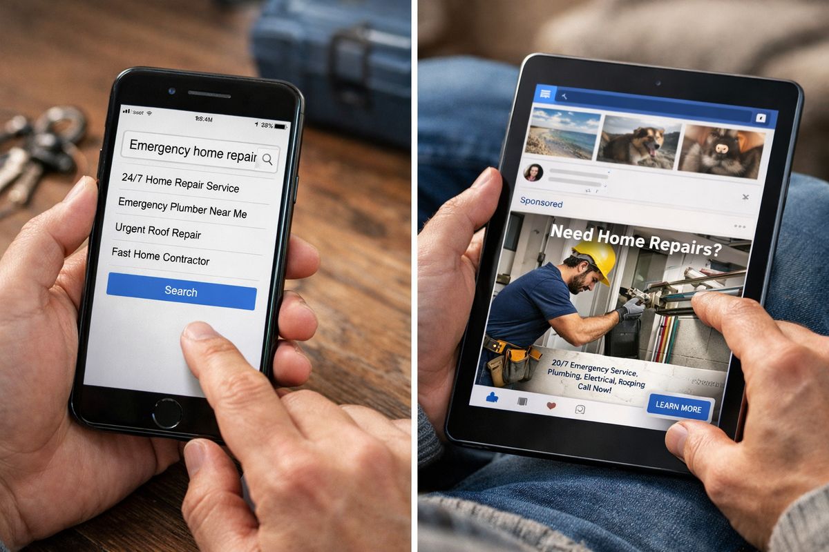 A split visual of two advertising contexts: on one side, a person using a search engine on a smartphone to look for an emergency home repair service, and on the other side, a social media feed on a tablet showing a promoted home service ad while the user scrolls past photos and videos