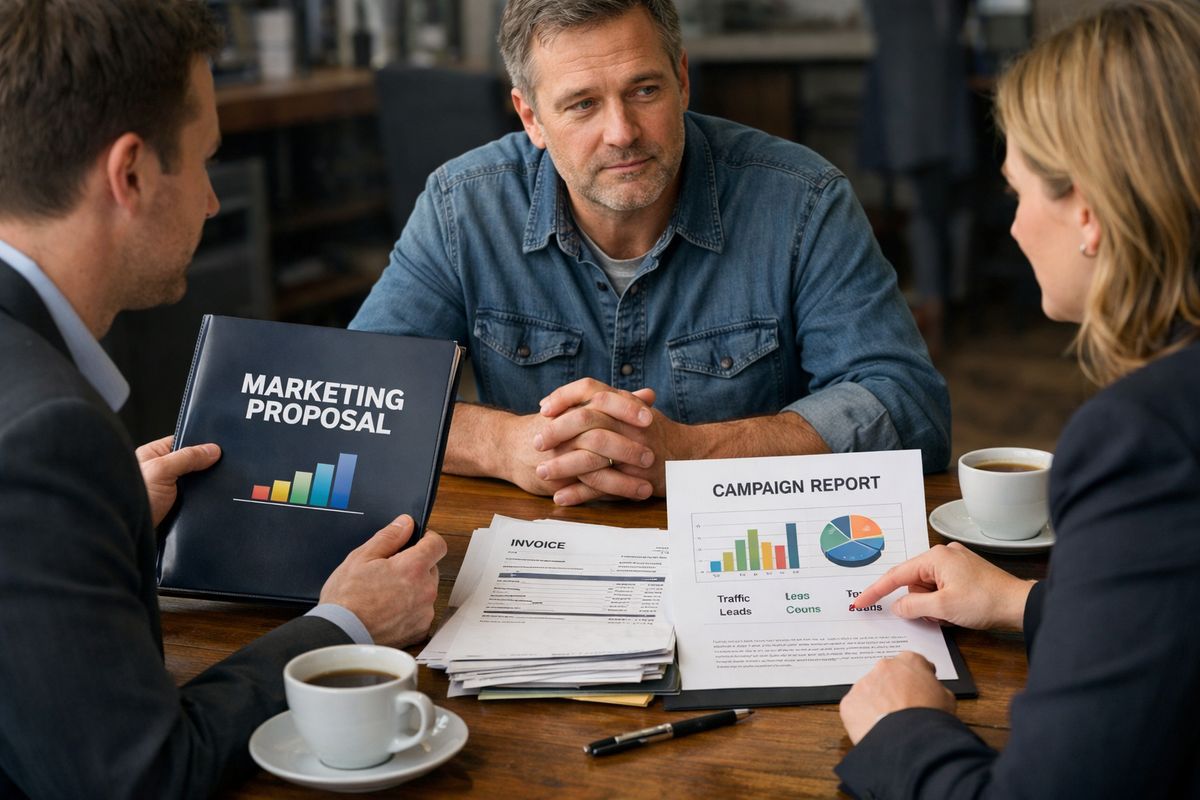 A small business owner sitting across a table from two marketing providers, one holding a polished proposal folder and the other pointing to a simple campaign report, with a stack of invoices and coffee cups between them