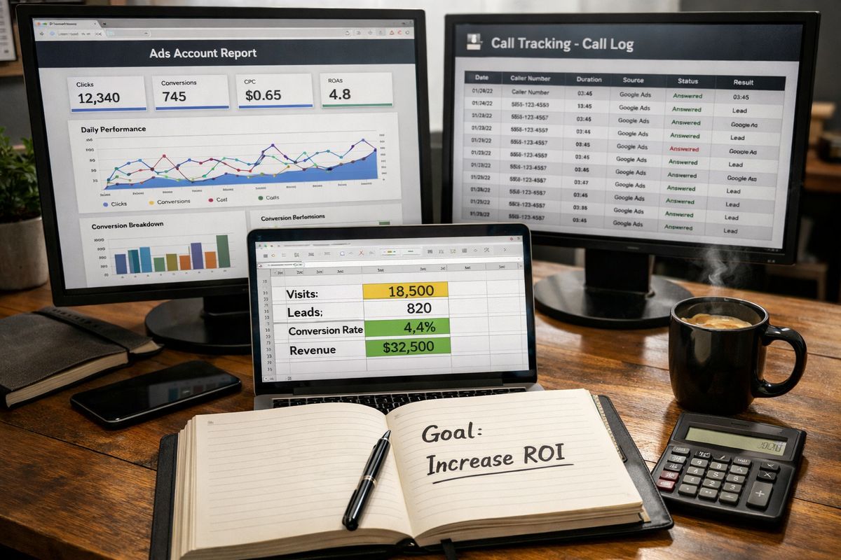 A desktop workspace with a browser open to an ad account report, a call-tracking call log on another screen, a spreadsheet with a few key performance numbers highlighted, and a notebook with a single goal written beside a calculator and coffee mug