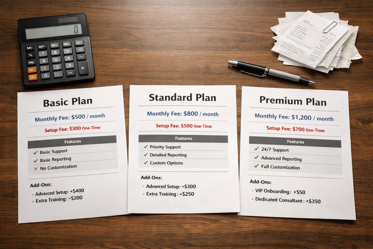 A pricing comparison scene with three printed service proposals laid out on a desk, each showing different monthly fee structures and add-on setup costs, with a calculator, pen, and a small stack of receipts beside them.