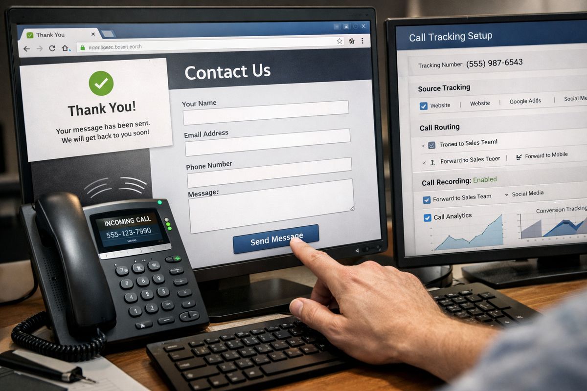 A close-up of a website contact form on a desktop browser, a ringing phone beside it, and a thank-you page open in another tab, with a hand testing the form submission path and a second screen showing a call-tracking setup interface