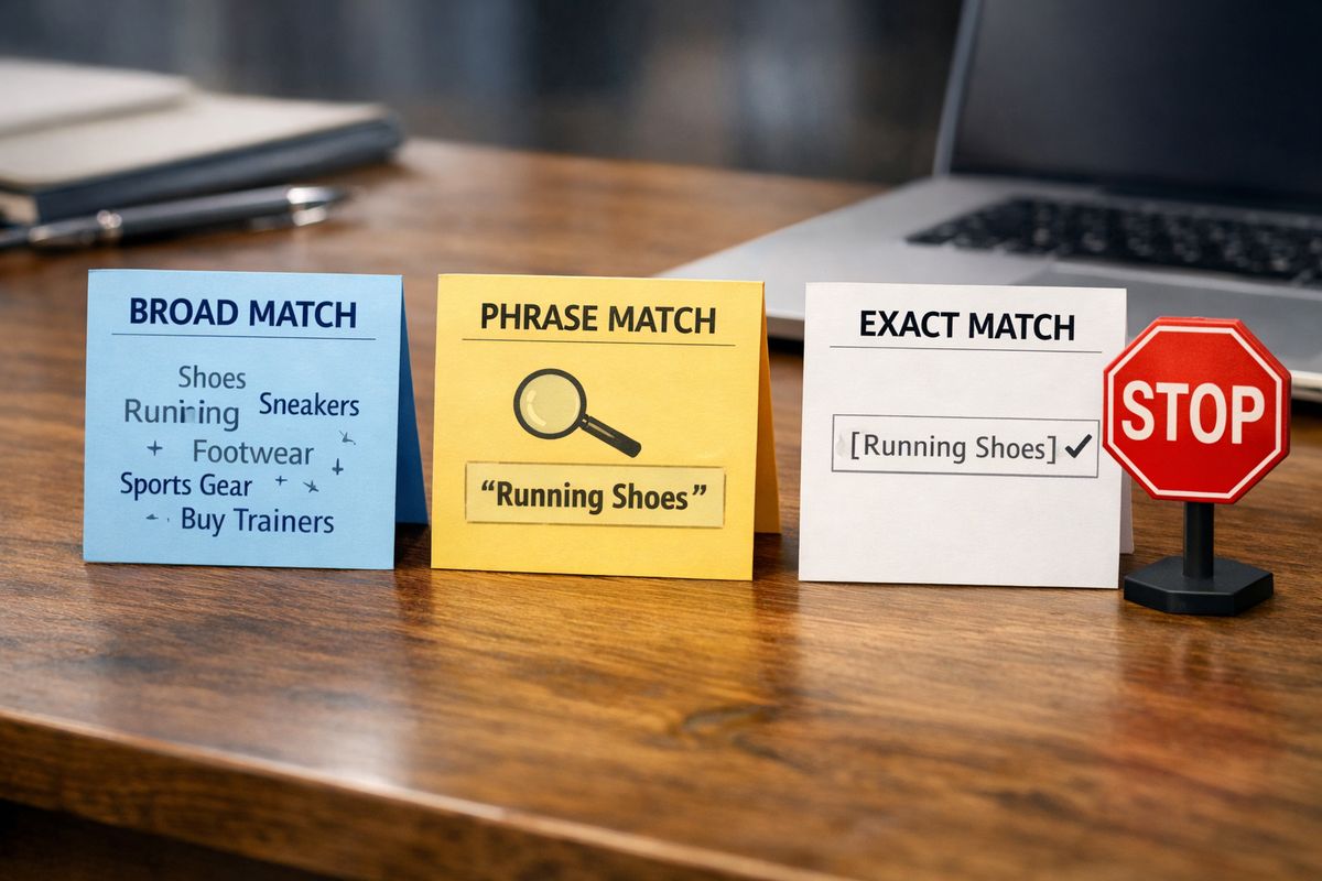 Three neatly arranged cards or sticky notes on a desk, each representing a different match type, with one card covering a broad cluster of search terms, one targeting a phrase, and one isolating a single exact query, alongside a red stop sign-style marker for blocked traffic
