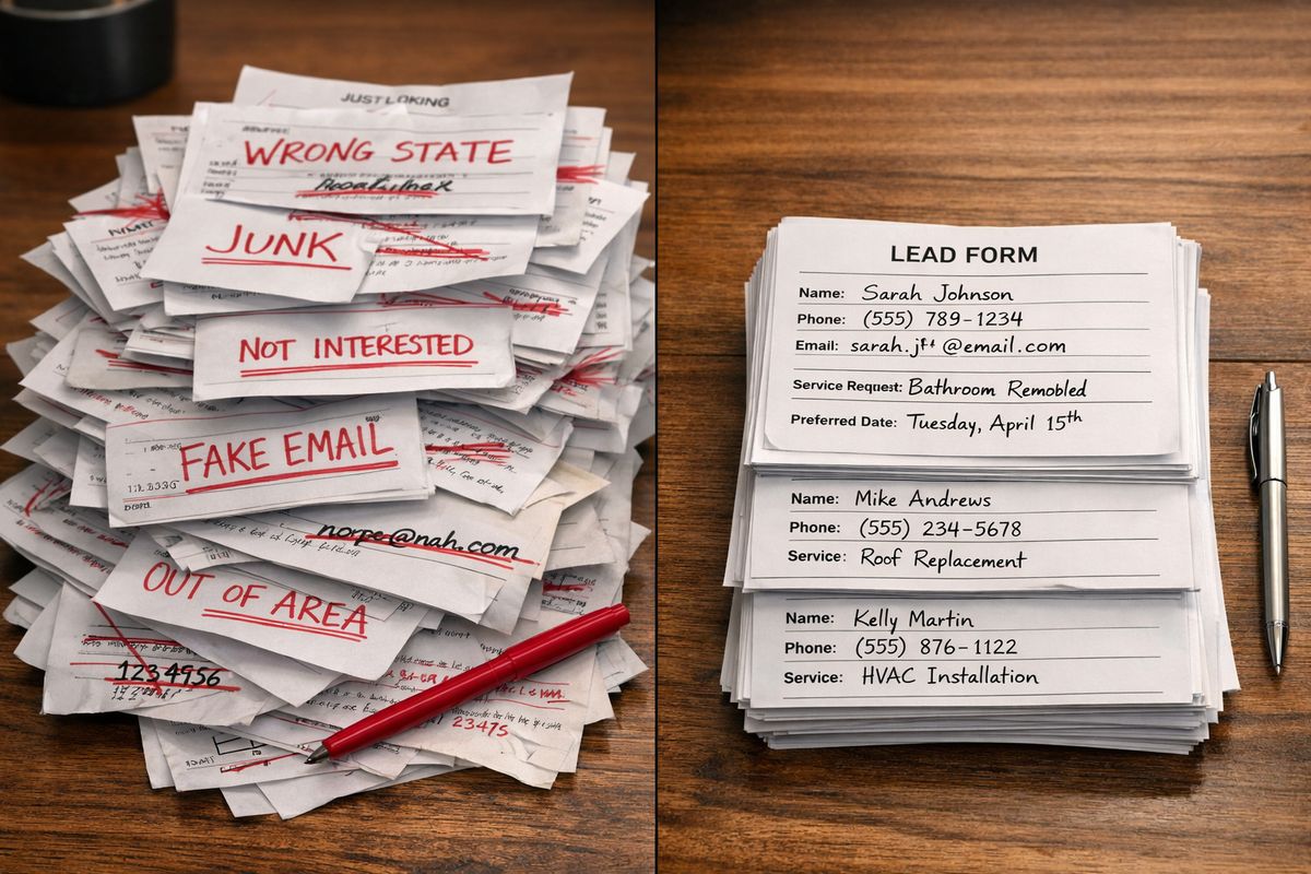 A split arrangement of printed lead forms: one pile filled with crossed-out irrelevant inquiries, wrong locations, and junk requests, and a smaller neat stack of qualified appointment requests with contact details and service descriptions