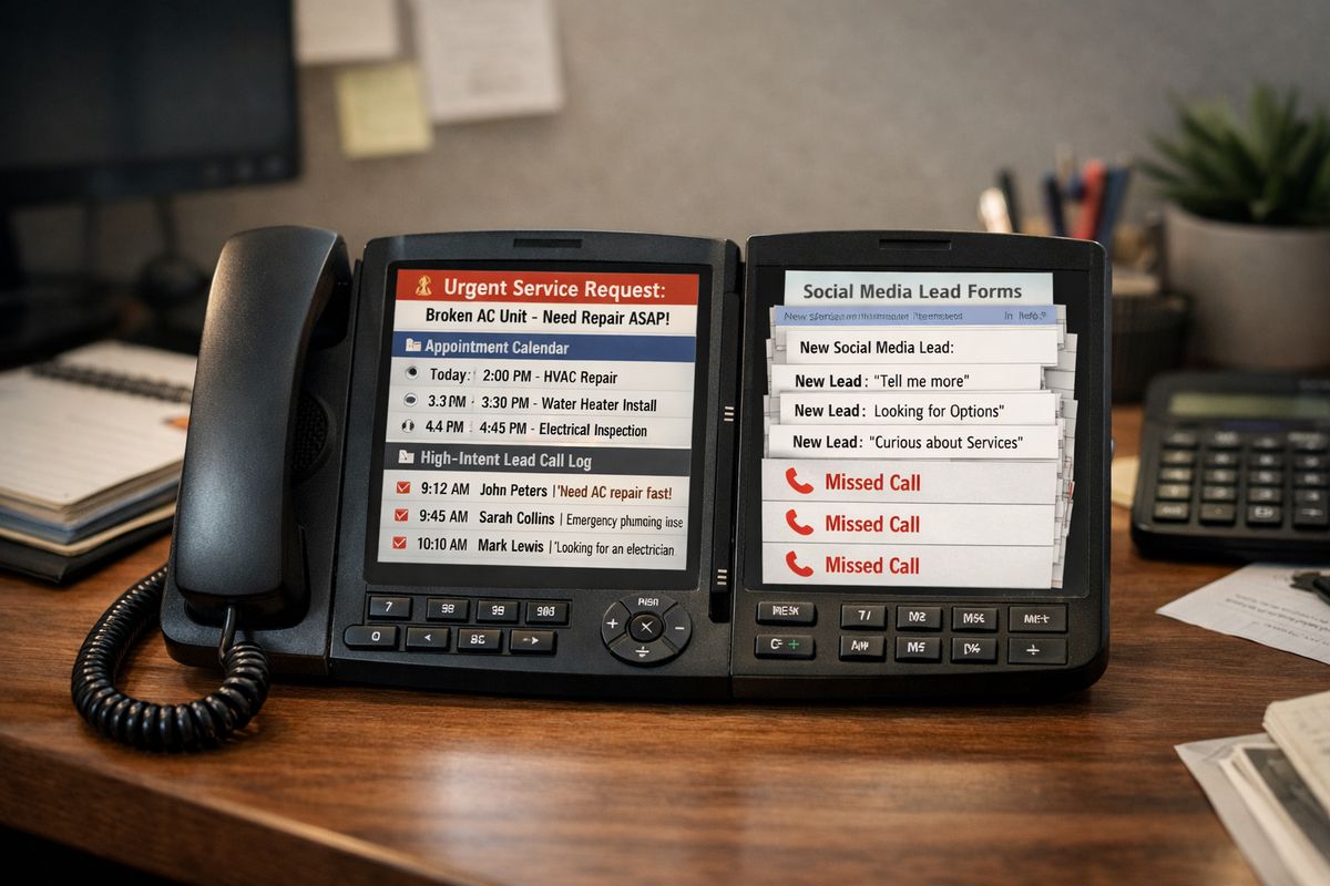 A queue of incoming lead notifications on a desk phone, with one side showing an urgent service request card, appointment calendar, and call log for high-intent search leads, and the other side showing a stack of social media lead forms with fewer details and several missed-call markers
