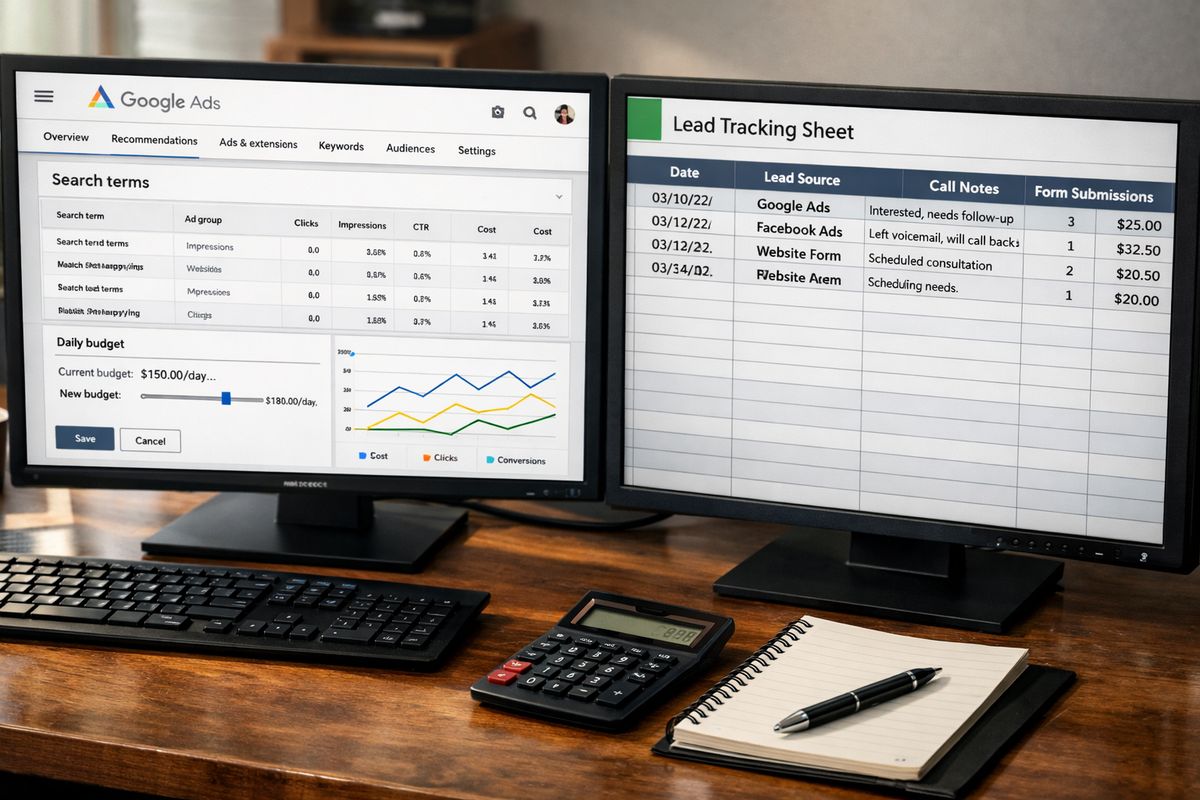A split desktop workspace showing a Google Ads account screen with search terms and budget adjustments on one monitor and a lead-tracking spreadsheet with call notes, form submissions, and cost-per-lead columns on the other, beside a calculator and notepad