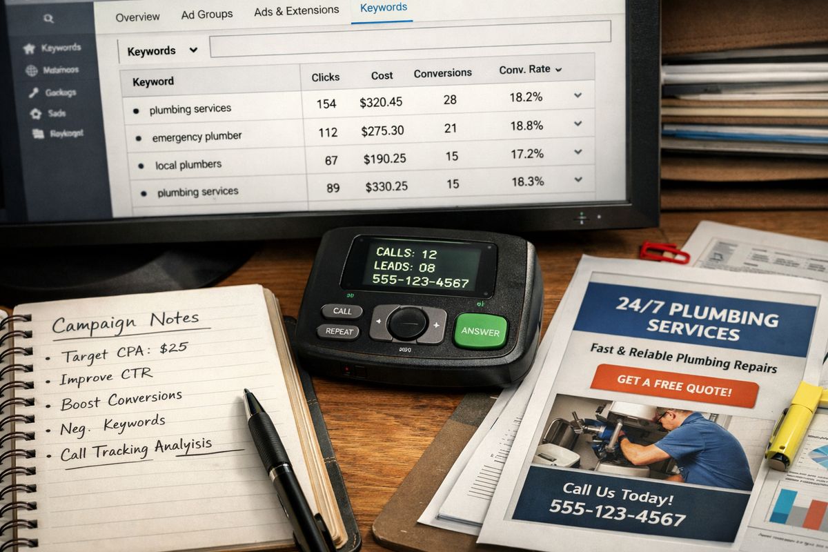 A close-up workflow scene of a Google Ads campaign being reviewed: a screen showing keyword search results and conversion numbers, with a notebook open to tracking notes, a call-tracking device on the desk, and a landing page mockup printed next to campaign setup materials.