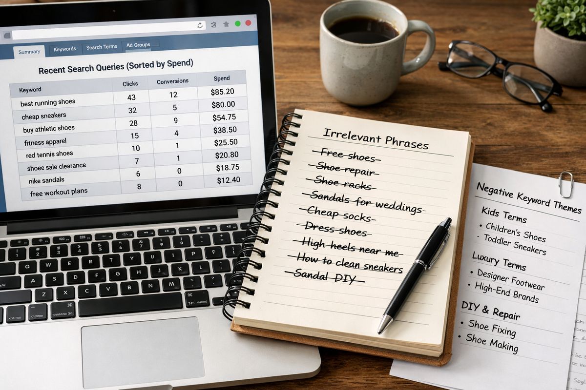 A browser window showing a table of recent search queries sorted by spend, with a notebook beside it filled with crossed-out irrelevant phrases and a separate sheet listing grouped negative keyword themes
