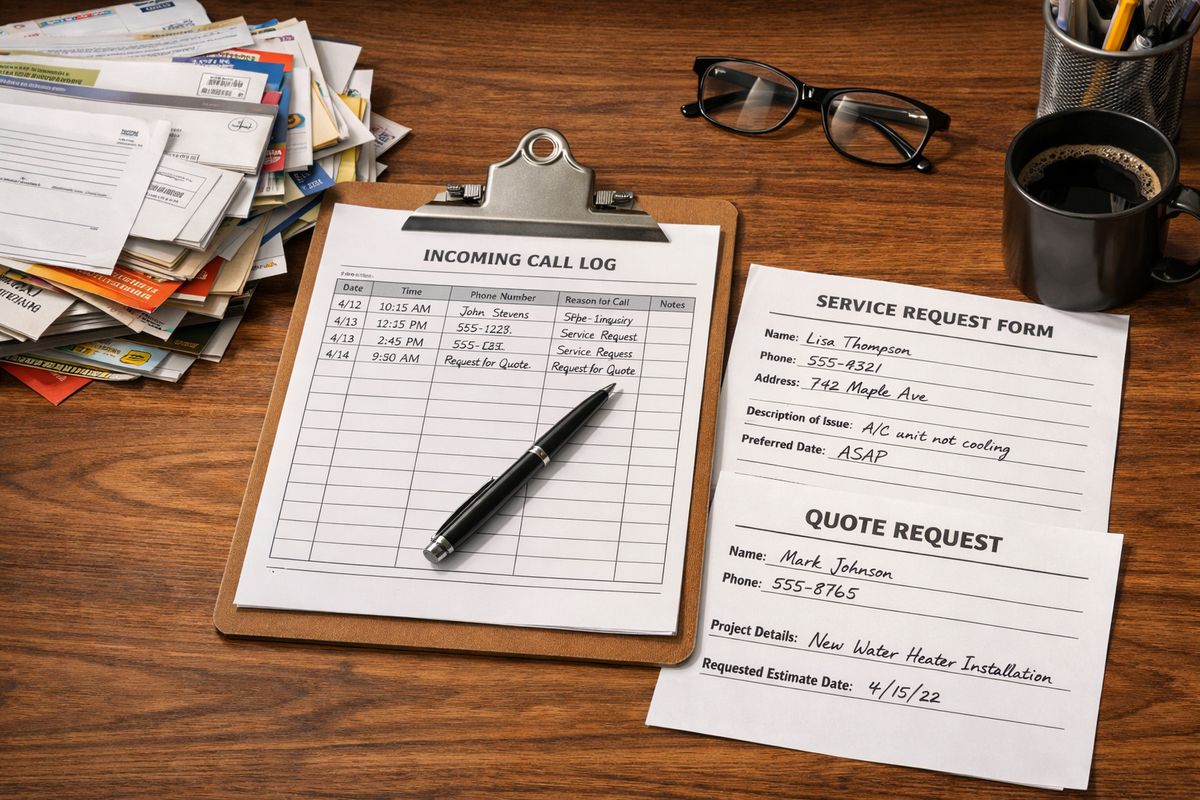 A set of service inquiries spread across a desk, with a stack of unnecessary junk mail pushed aside and a clean clipboard, incoming call log sheet, and quote request forms highlighted as the remaining qualified leads