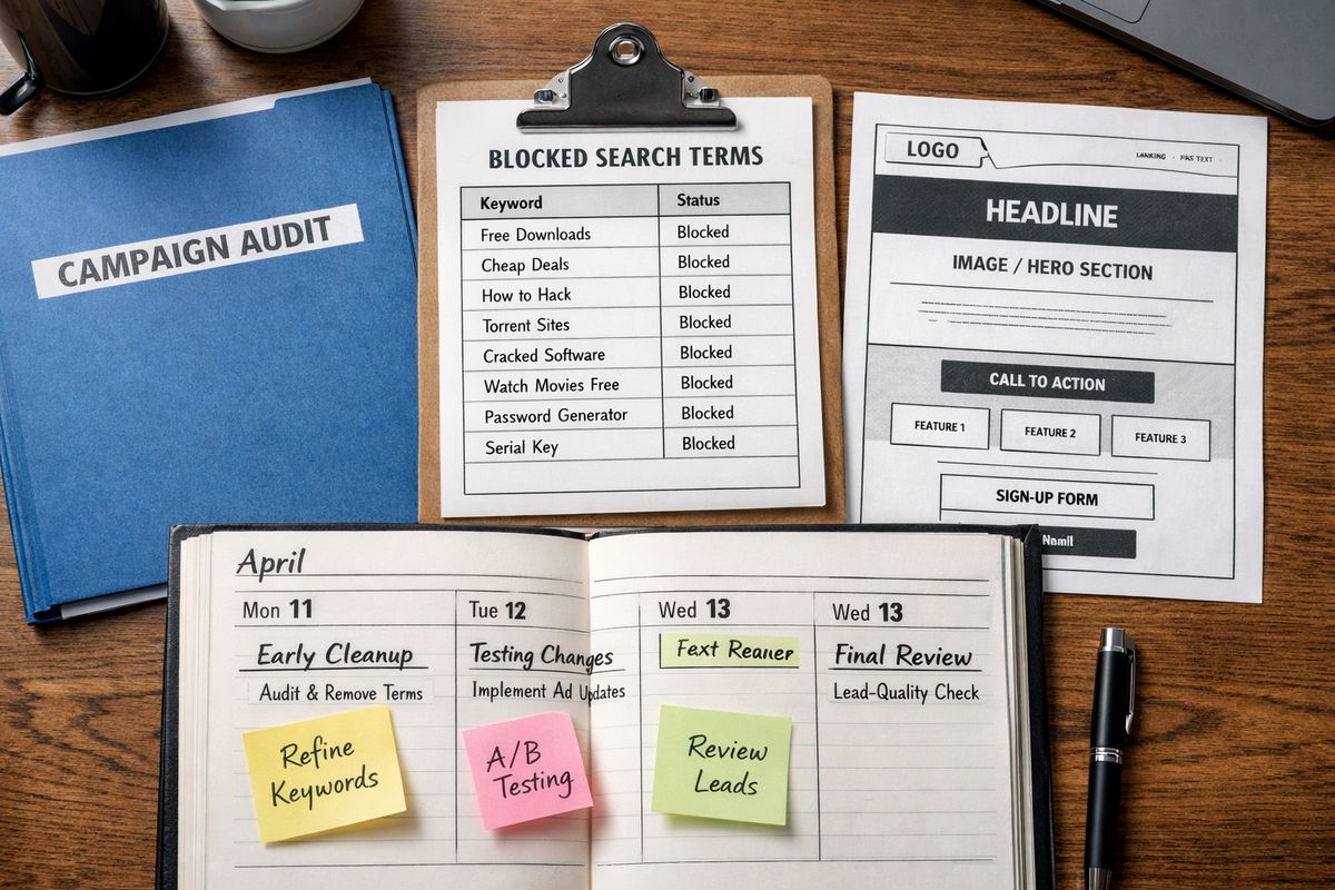 A three-stage workflow on a desk with a campaign audit folder, a sheet of blocked search terms, a landing page wireframe, and a calendar spread showing early cleanup, testing changes, and final lead-quality review notes