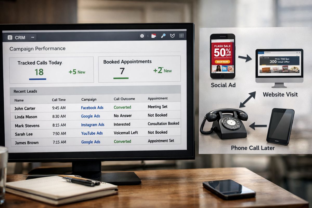 A CRM screen with tracked calls and booked appointments connected to ad campaigns, beside a scatter of attribution paths shown as arrows linking a social ad preview, a website visit, and a later phone call from a different device