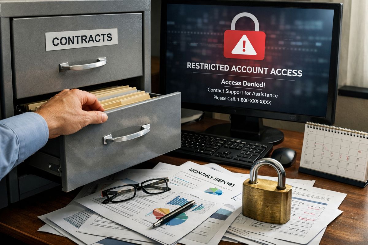 A hand reaching for a file cabinet drawer labeled with contract folders while a computer monitor shows a restricted account access screen and a desk covered with unread monthly reports, a calendar, and a locked padlock