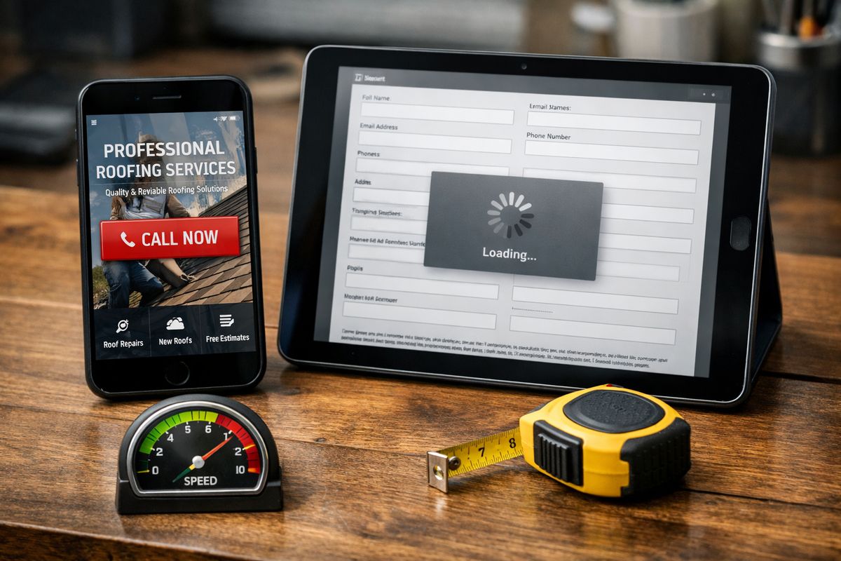A mobile phone showing a roofing service landing page with a large call button near the top, next to a tablet displaying a long form with many fields and a slow-loading spinner, with a small speedometer and measuring tape on the desk