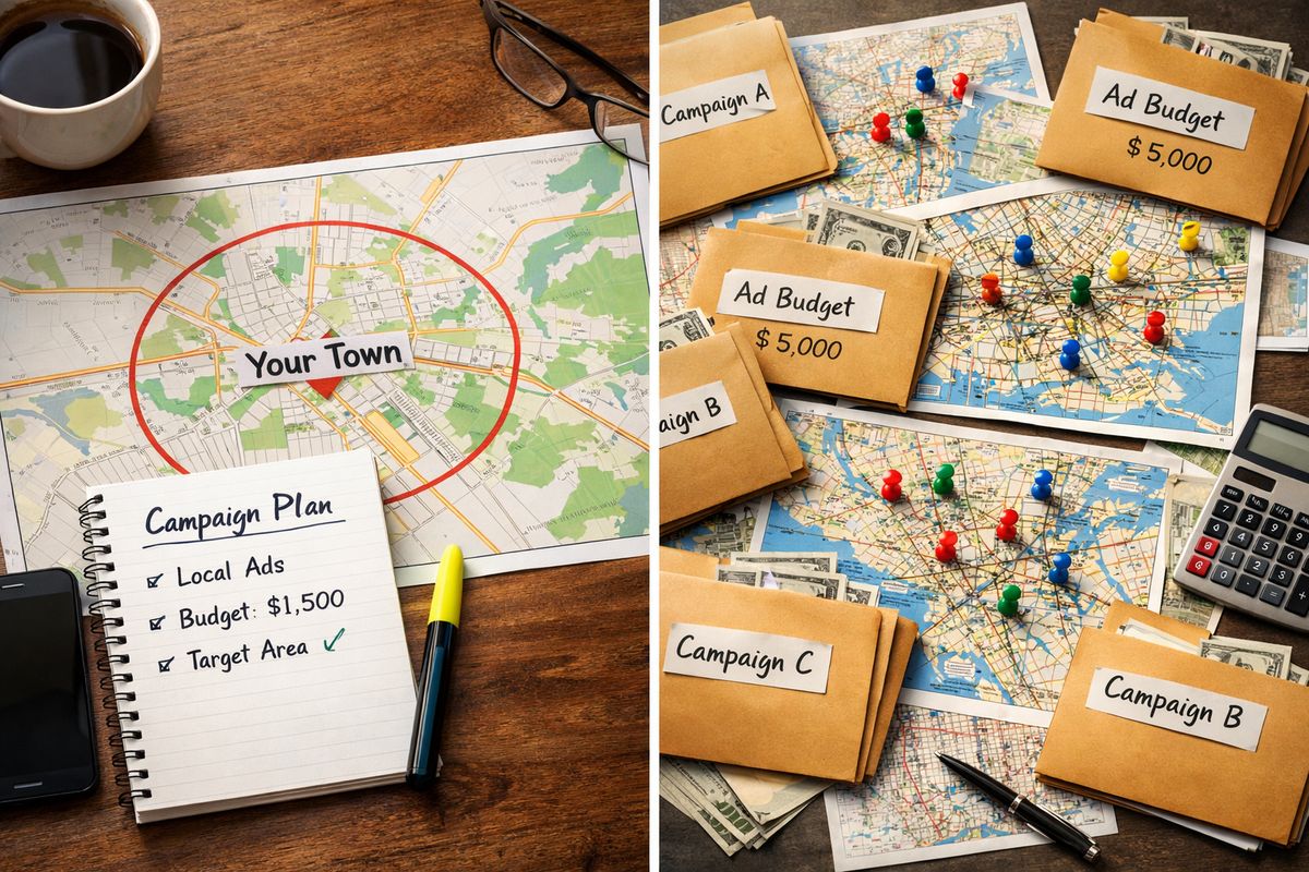 A split-screen style visual of two very different advertising setups: one showing a small local service area on a map with a single campaign plan, and the other showing multiple city maps with several location pins, budget envelopes, and campaign folders arranged around them.