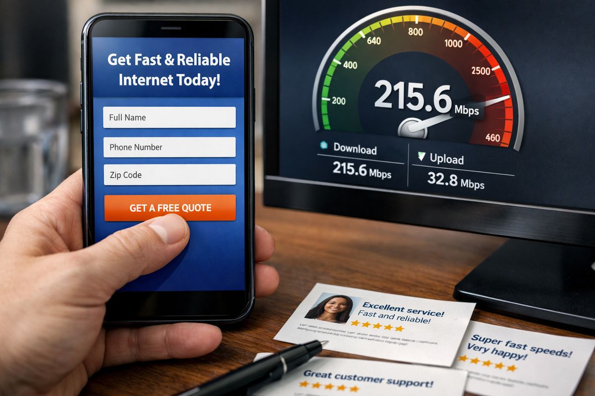 A smartphone displaying a service landing page with a large form and call button above the fold, next to a speed test meter on another screen and a thumb poised to tap the form fields, all set on a desk with a few printed customer reviews