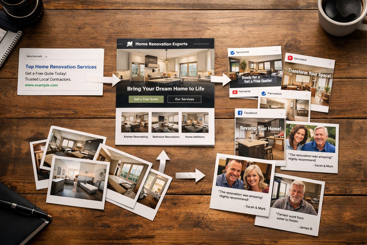 A marketing funnel laid out on a table with a search ad leading into a website page, then into a retargeting sequence with repeated social ad placements, project photos, and testimonial cards arranged to show one channel capturing demand and the other reinforcing it