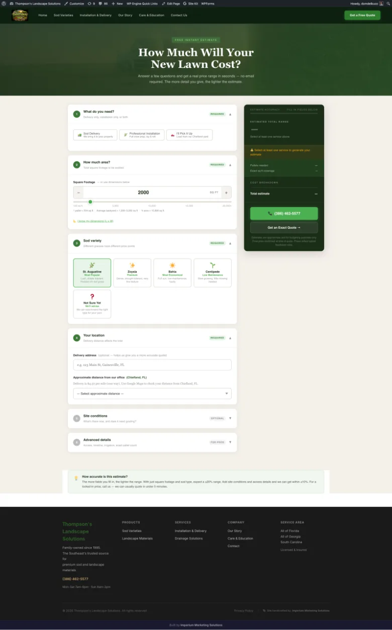 Gainesville Sod website with coverage calculator, full page