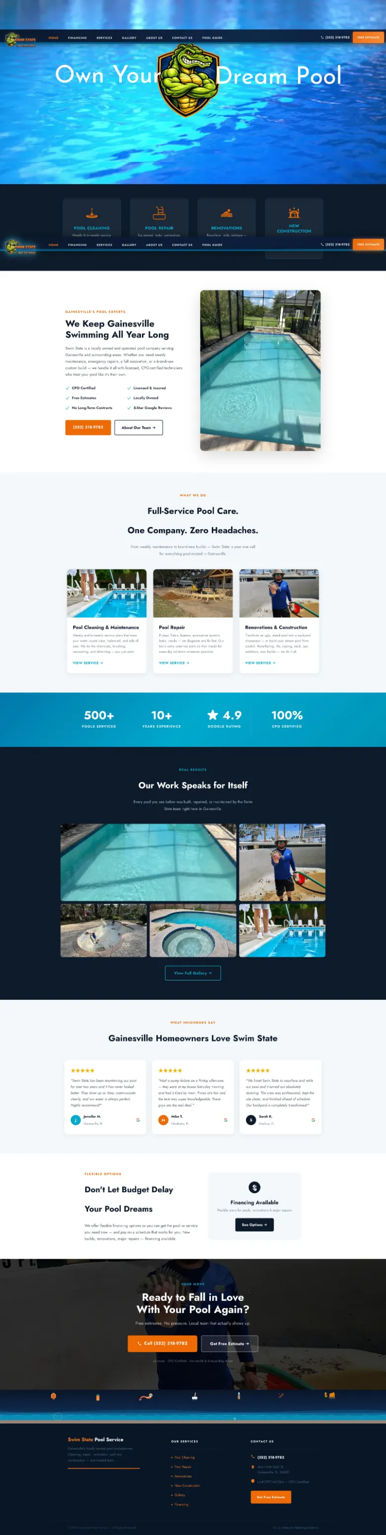 Swim State Pool Service website, full page